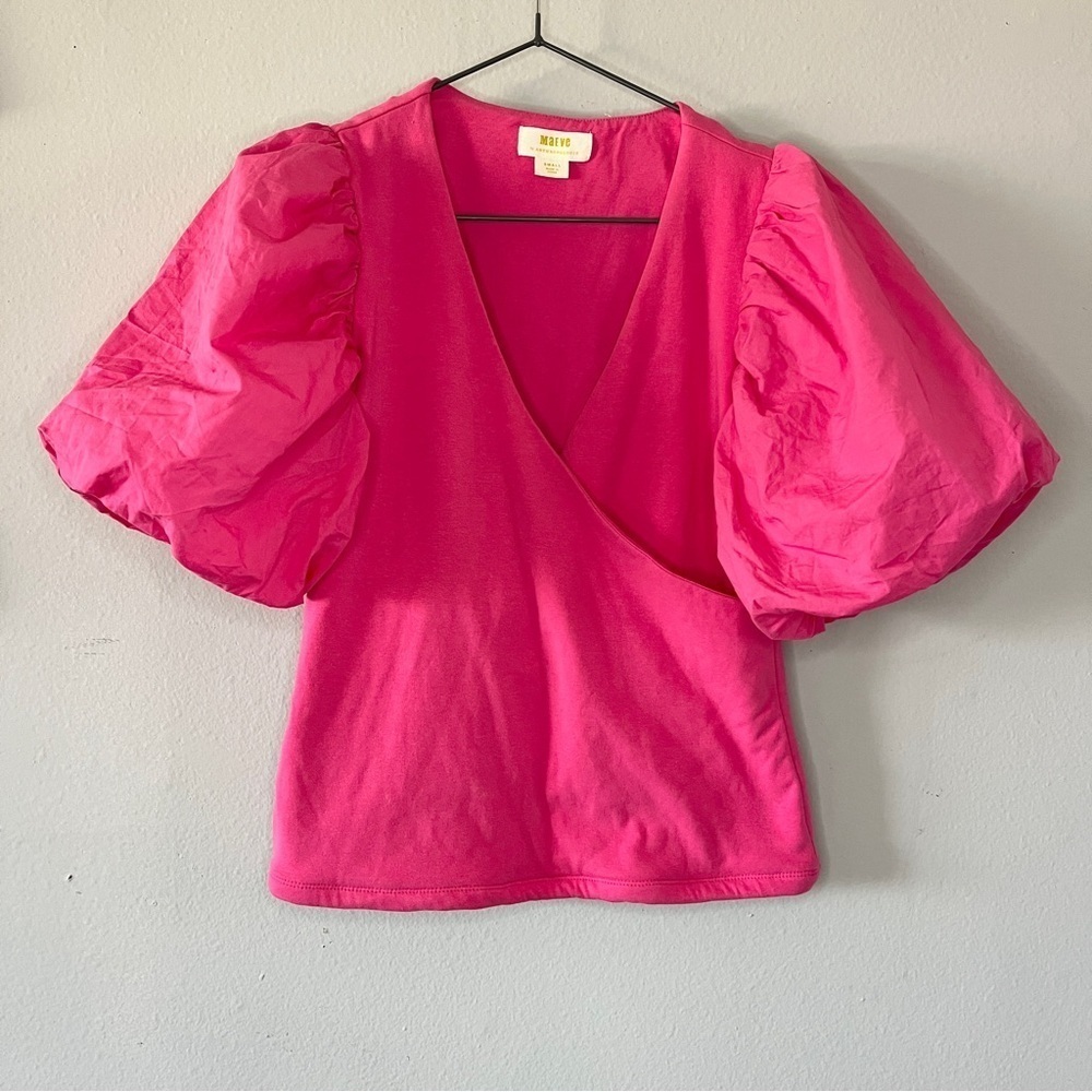 Anthropologie Maeve Barbie Pink Surplice V Neck Stretchy Puff Sleeve Top Small